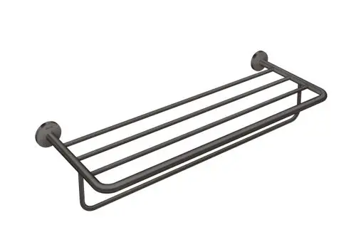 Handtuchablage aus gebürstetem Schwarzchrom mit mehreren horizontalen Halterungen, montiert an zwei runden Wandhaltern, von der Marke AXOR.